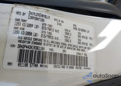 2001 Dodge Grand Caravan Sport from USA, damaged, VIN 2B4GP443X1R361164